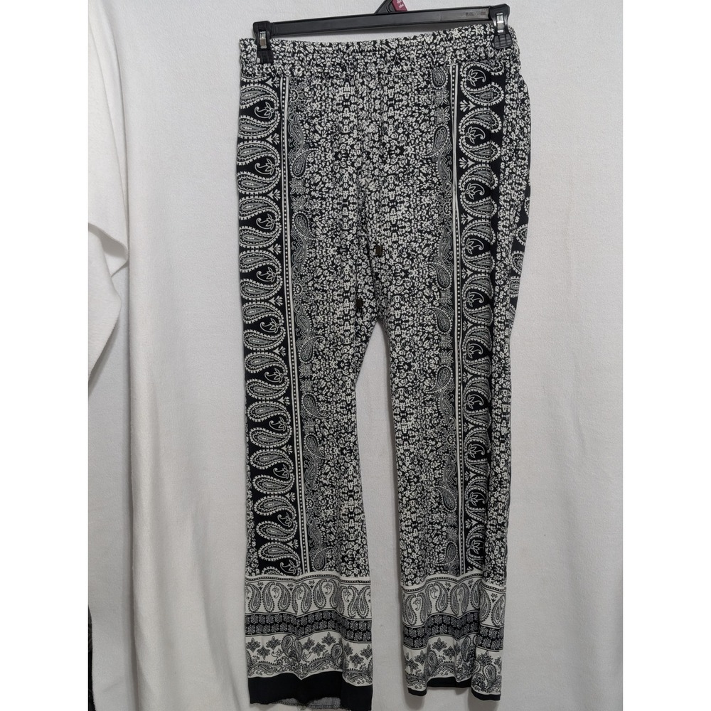 Anne Carson Womens Small Black White Paisley Floral Wide Leg Palazzo Pants Boho